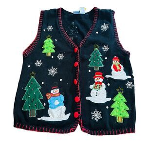 Vtg Holiday Editions Knit Sweater Vest Buttons Christmas Tree Snowmen Teacher XL